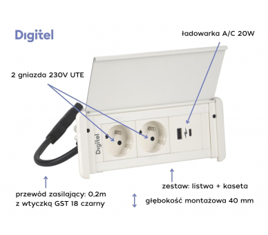 Gniazdo meblowe SLIM COVER 2x 230V z uziemieniem + 2x USB A/C białe z wtyczką GST18 0,2m DIGITEL