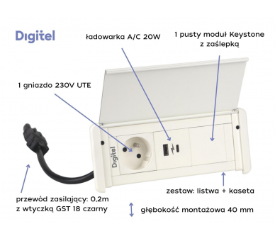 Gniazdo meblowe SLIM COVER 230V z uziemieniem + 2x USB A/C + pusty moduł białe z wtyczką GST18 0,2m DIGITEL