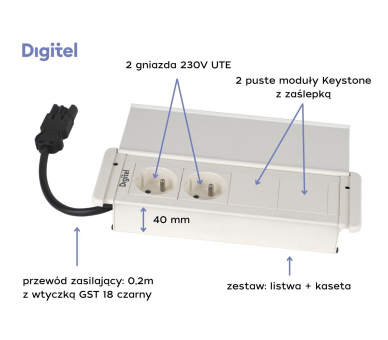 Gniazdo meblowe SLIM COVER 2x 230V z uziemieniem + 2x pusty moduł białe z wtyczką GST18 0,2m DIGITEL