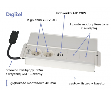 Gniazdo meblowe SLIM COVER 2x 230V z uziemieniem + 2x USB A/C + 2x pusty moduł białe z wtyczką GST18 0,2m DIGITEL