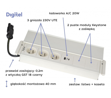 Gniazdo meblowe SLIM COVER 3x 230V z uziemieniem + 2x USB A/C + 2x pusty moduł białe z wtyczką GST18 0,2m DIGITEL