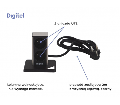 Gniazdo meblowe PILLAR 2x 230V z uziemieniem czarne aluminium z wtyczką 2m DIGITEL