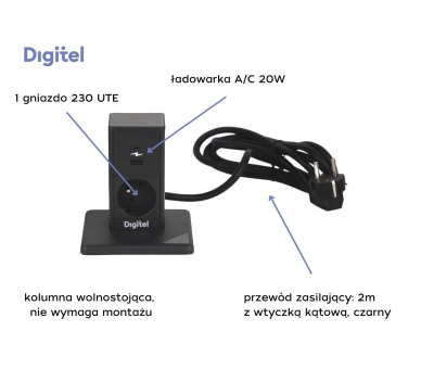 Gniazdo meblowe PILLAR 230V z uziemieniem + 2x USB A/C czarne z wtyczką 2m DIGITEL