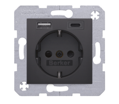 Gniazdo z uziemieniem Schuko i ładowarką USB A+C antracyt mat Berker B.Kwadrat/B.3/B.7 48041606