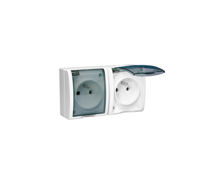 Gniazdo wtyczkowe podwójne z uziemieniem w wersji IP54 z przesłonami torów prądowych - klapka w kolorze transparentnym biały 16A