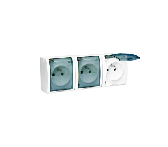 Gniazdo wtyczkowe potrójne z uziemieniem - z przesłony torów prądowych - w wersji IP54 - klapka w kolorze transparentnym biały 1