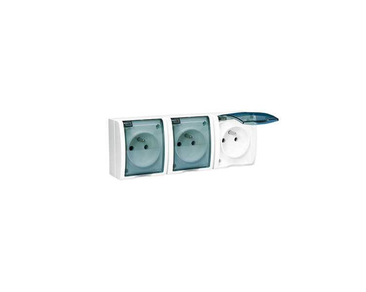 Gniazdo wtyczkowe potrójne z uziemieniem - z przesłony torów prądowych - w wersji IP54 - klapka w kolorze transparentnym biały 1