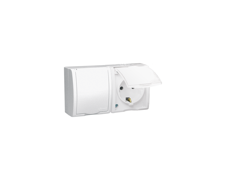 Gniazdo wtyczkowe podwójne z uziemieniem typu Schuko - przesłony torów prądowych - w wersji IP54 - klapka w kolorze białym biały