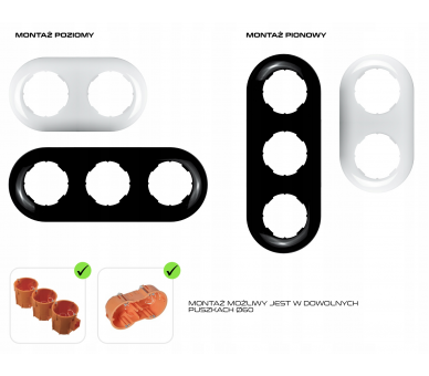 Ramka podwójna do wyłączników i gniazd Retro do puszek pojedynczych - czarne tworzywo