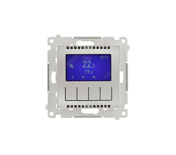 Regulator temperatury z wyświetlaczem (czujnik wewnętrzny lub sonda) srebrny mat, metalizowany Simon54 DETD1A.01/43