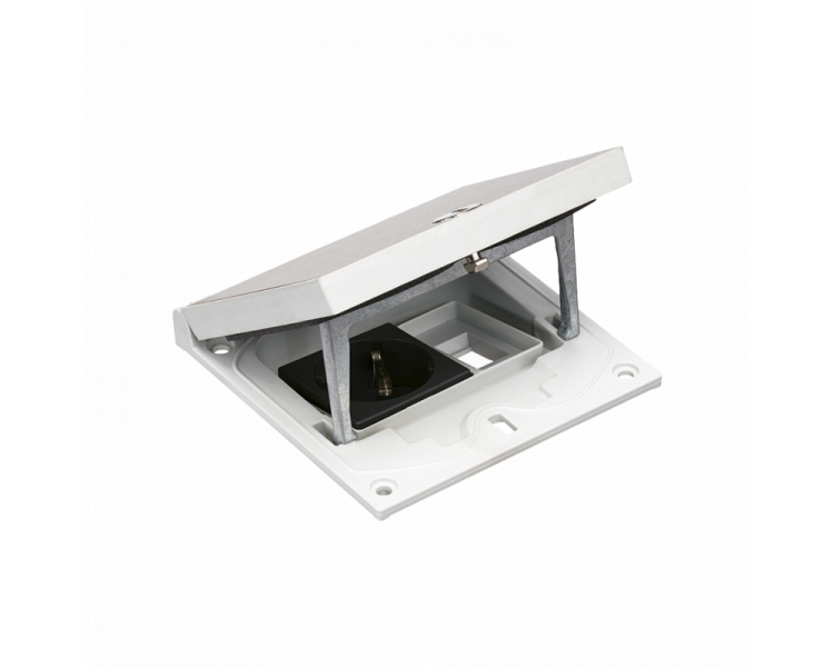 Wkład puszki podłogowej, stal inox, IP66, IK08, 1,5×K45, gniazdo typ F (schuko), moduł 22,5x45 mm z zatrzaskiem Keyston na złącza RJ45 lub multimedialne, zamek na klucz imbusowy Simon KFH111/72 Wkład puszki podłogowej, stal inox, IP66, IK08, 1,5×K45, gniazdo typ F (schuko), moduł 22,5x45 mm z zatrzaskiem Keyston na złącza RJ45 lub multimedialne, zamek na klucz imbusowy Simon KFH111/72