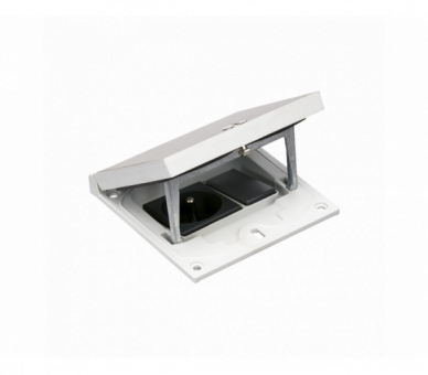 Wkład puszki podłogowej, stal inox, IP66, IK08, 1,5×K45, gniazdo typ E (bolec), zamek z ułatwionym dostępem, zaślepka 22,5x45 mm na złącza RJ45 lub multimedialne Simon KFH120/72