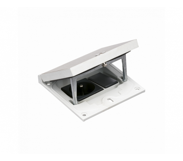 Wkład puszki podłogowej, stal inox, IP66, IK08, 1,5×K45, gniazdo typ E (bolec), zamek z ułatwionym dostępem, zaślepka 22,5x45 mm na złącza RJ45 lub multimedialne Simon KFH120/72