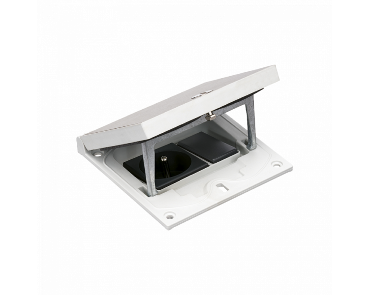 Wkład puszki podłogowej, stal inox, IP66, IK08, 1,5×K45, gniazdo typ E (bolec), zamek z ułatwionym dostępem, zaślepka 22,5x45 mm na złącza RJ45 lub multimedialne Simon KFH120/72 Wkład puszki podłogowej, stal inox, IP66, IK08, 1,5×K45, gniazdo typ E (bolec), zamek z ułatwionym dostępem, zaślepka 22,5x45 mm na złącza RJ45 lub multimedialne Simon KFH120/72