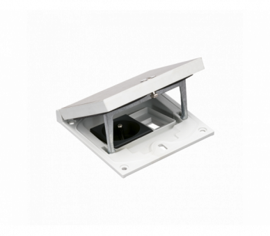 Wkład puszki podłogowej, stal inox, IP66, IK08, 1,5×K45, gniazdo typ E (bolec), moduł 22,5x45 mm z zatrzaskiem Keyston na złącza RJ45 lub multimedialne, zamek z ułatwionym dostępem Simon KFH121/72