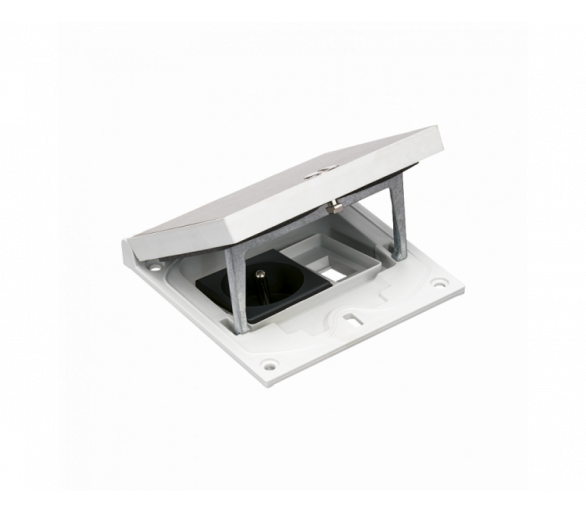 Wkład puszki podłogowej, stal inox, IP66, IK08, 1,5×K45, gniazdo typ E (bolec), moduł 22,5x45 mm z zatrzaskiem Keyston na złącza RJ45 lub multimedialne, zamek z ułatwionym dostępem Simon KFH121/72
