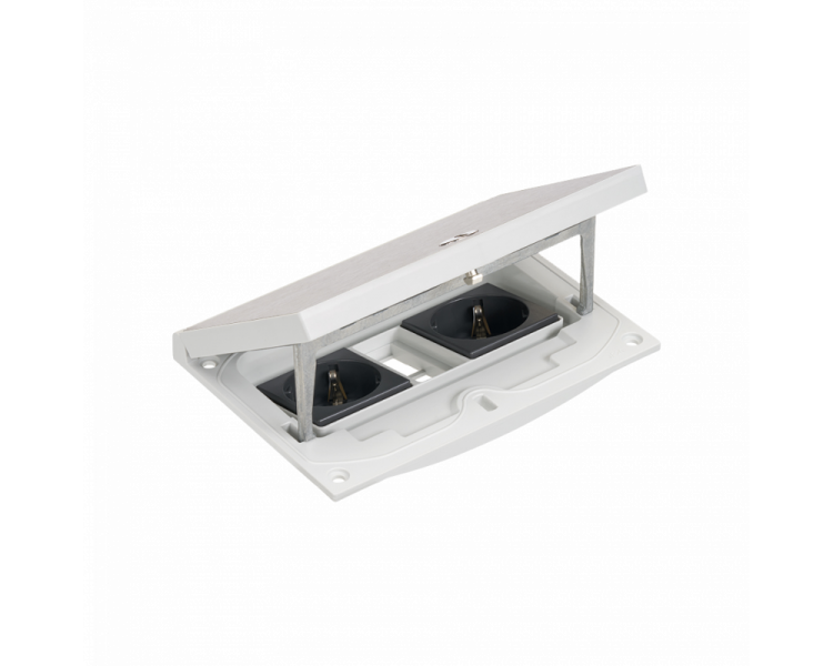Wkład puszki podłogowej, stal inox, IP66, IK08, 2,5×K45, 2 gniazda typ F (schuko), moduł 22,5x45 mm z zatrzaskiem Keyston 2 miejsca na złącza RJ45 lub multimedialne, zamek z ułatwionym dostępem Simon KFH211/72 Wkład puszki podłogowej, stal inox, IP66, IK08, 2,5×K45, 2 gniazda typ F (schuko), moduł 22,5x45 mm z zatrzaskiem Keyston 2 miejsca na złącza RJ45 lub multimedialne, zamek z ułatwionym dostępem Simon KFH211/72