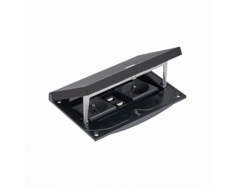 Wkład puszki podłogowej, czarny, IP66, IK08, 2,5×K45, 2 gniazda typ F (schuko), 2 moduły RJ45 kat. 6 UTP, zamek na klucz imbusowy Simon KFH216USEC/74 Wkład puszki podłogowej, czarny, IP66, IK08, 2,5×K45, 2 gniazda typ F (schuko), 2 moduły RJ45 kat. 6 UTP, zamek na klucz imbusowy Simon KFH216USEC/74