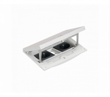 Wkład puszki podłogowej, stal inox, IP66, IK08, 2,5×K45, 2 gniazda typ E (bolec), moduł 22,5x45 mm z zatrzaskiem Keyston 2 miejsca na złącza RJ45 lub multimedialne, zamek z ułatwionym dostępem Simon KFH221/72