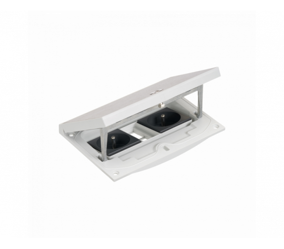 Wkład puszki podłogowej, stal inox, IP66, IK08, 2,5×K45, 2 gniazda typ E (bolec), moduł 22,5x45 mm z zatrzaskiem Keyston 2 miejsca na złącza RJ45 lub multimedialne, zamek z ułatwionym dostępem Simon KFH221/72