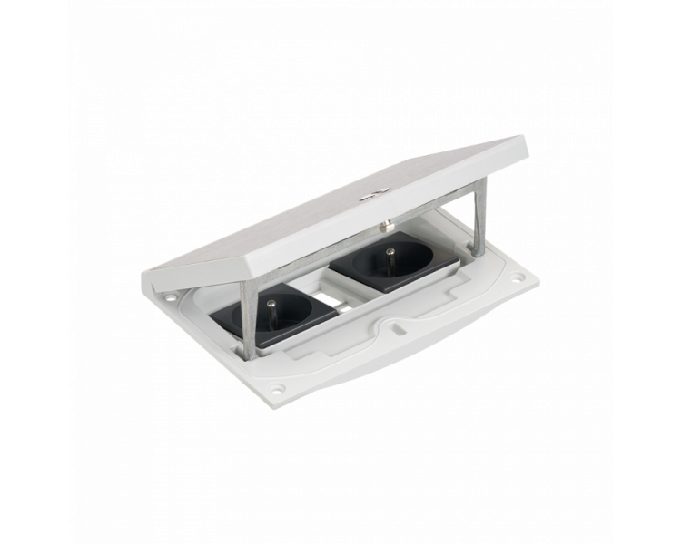Wkład puszki podłogowej, stal inox, IP66, IK08, 2,5×K45, 2 gniazda typ E (bolec), moduł 22,5x45 mm z zatrzaskiem Keyston 2 miejsca na złącza RJ45 lub multimedialne, zamek z ułatwionym dostępem Simon KFH221/72 Wkład puszki podłogowej, stal inox, IP66, IK08, 2,5×K45, 2 gniazda typ E (bolec), moduł 22,5x45 mm z zatrzaskiem Keyston 2 miejsca na złącza RJ45 lub multimedialne, zamek z ułatwionym dostępem Simon KFH221/72