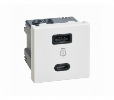 Ładowarka USB szybkie ładowanie, K45, USB 2.0 - A + C, 5V, DC, 3,1A, 45×45mm, czysta biel, Maksymalna moc ładowania: 18W Simon K126F/9