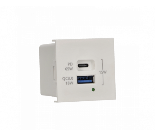 Ładowarka USB szybkie ładowanie, K45, 5V, DC, 3,1A, 45×45mm, biały, Maksymalna moc ładowania: 65W, USB: C+A Simon K126H/9