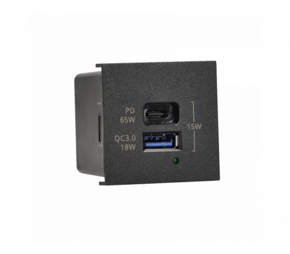 Ładowarka USB szybkie ładowanie, K45, 5V, DC, 3,1A, 45×45mm, czarny, Maksymalna moc ładowania: 65W, USB: C+A Simon K126H/14