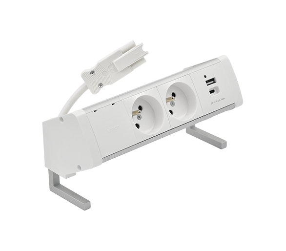 Biurkowy zestaw gniazd: 2x250V typ E+ładowarka USB A-C, szybkozłącze w układzie Wieland, aluminium biały Simon 480 48410E20B000000-30