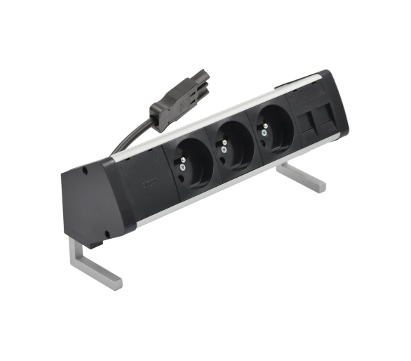Biurkowy zestaw gniazd: 3x250V typ E+plakietka 2xRJ45 z mocowaniem Keystone, szybkozłącze w układzie Wieland, aluminium czarny Simon 480 48410E300K00000-40