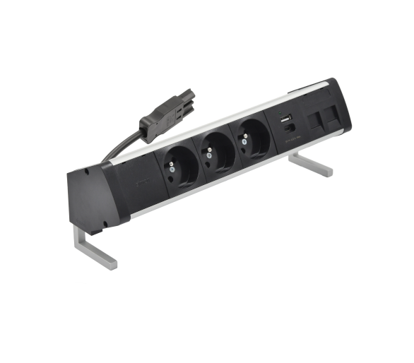Biurkowy zestaw gniazd: 3x250V typ E+ładow. USB A-C+ plakietka 2xRJ45 z mocowaniem Keystone, szybkozłącze w układzie Wieland, aluminium czarny Simon 480 48410E30BK00000-40