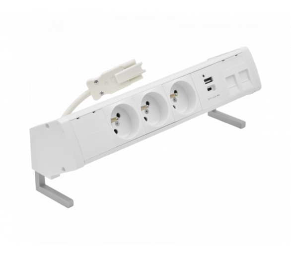Biurkowy zestaw gniazd: 3x250V typ E+ładow. USB A-C+ plakietka 2xRJ45 z mocowaniem Keystone, szybkozłącze w układzie Wieland, biały Simon 480 48410E30BK00000-33
