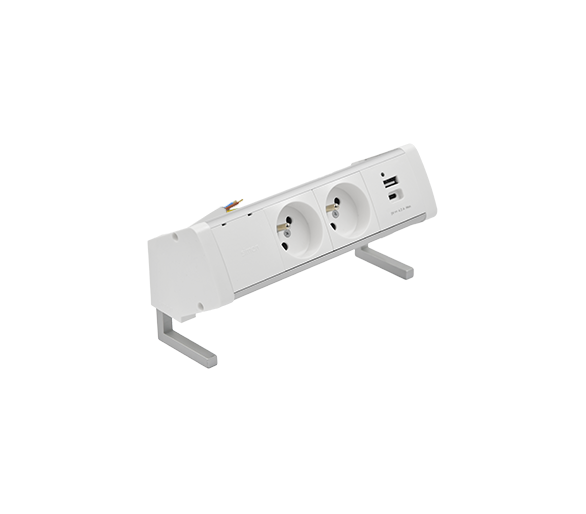 Biurkowy zestaw gniazd: 2x250V typ E+ładowarka USB A-C, przewód 15 cm, aluminium biały Simon 480 48430E20B000000-30