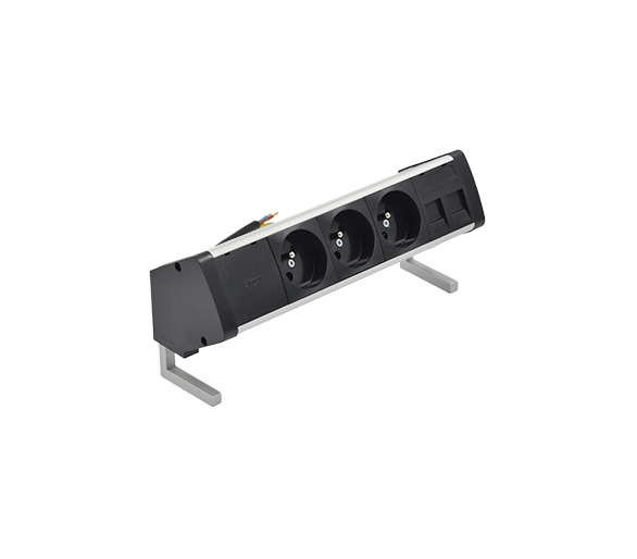 Biurkowy zestaw gniazd: 3x250V typ E+plakietka 2xRJ45 z mocowaniem Keystone, przewód 15 cm, aluminium czarny Simon 480 48430E300K00000-40