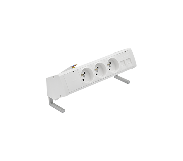 Biurkowy zestaw gniazd: 3x250V typ E+plakietka 2xRJ45 z mocowaniem Keystone, przewód 15 cm, biały Simon 480 48430E300K00000-33