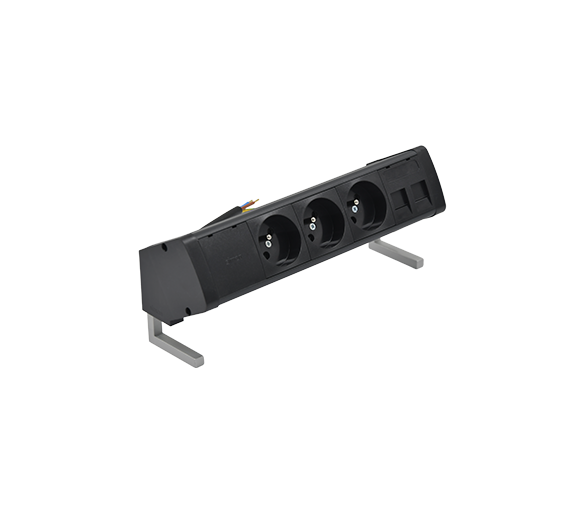 Biurkowy zestaw gniazd: 3x250V typ E+plakietka 2xRJ45 z mocowaniem Keystone, przewód 15 cm, czarny Simon 480 48430E300K00000-44