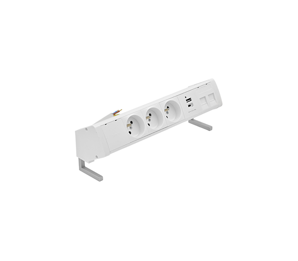 Biurkowy zestaw gniazd: 3x250V typ E+ładow. USB A-C+ plakietka 2xRJ45 z mocowaniem Keystone, przewód 15 cm, biały Simon 480 48430E30BK00000-33