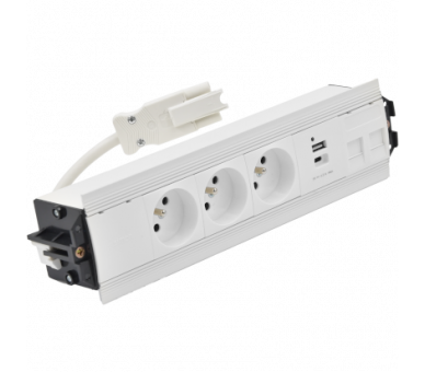 Mediaport Indesk: 3x250V typ E+ładow.USB A-C+ plakietka 2xRJ45 z mocowaniem Keystone, szybkozłącze w układzie Wieland, biały Simon 480 48510E30BK00000-33