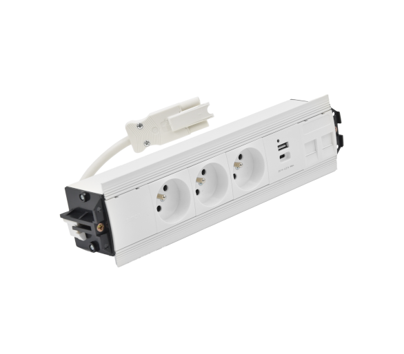Mediaport Indesk: 3x250V typ E+ładow.USB A-C+ plakietka 2xRJ45 z mocowaniem Keystone, szybkozłącze w układzie Wieland, biały Simon 480 48510E30BK00000-33