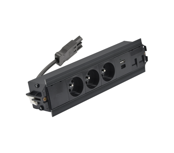 Mediaport Indesk: 3x250V typ E+ładow.USB A-C+ plakietka 2xRJ45 z mocowaniem Keystone, szybkozłącze w układzie Wieland, czarny Simon 480 48510E30BK00000-44