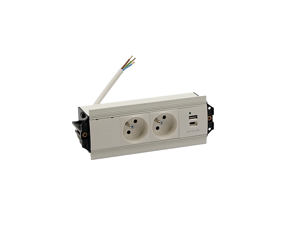 Mediaport Indesk: 2x250V typ E+ładowarka USB A-C, przewód 15 cm, biały Simon 480 48530E20B000000-33