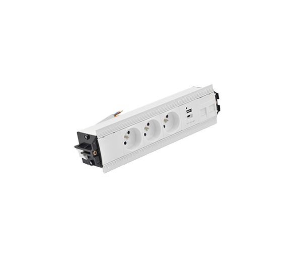 Mediaport Indesk: 3x250V typ E+ładow.USB A-C+ plakietka 2xRJ45 z mocowaniem Keystone, przewód 15 cm, biały Simon 480 48530E30BK00000-33