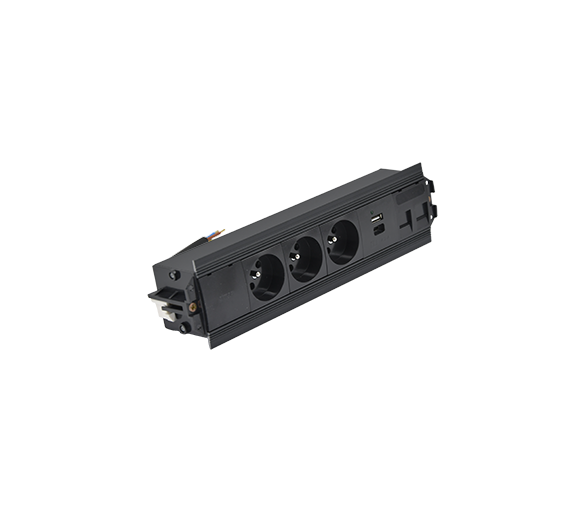 Mediaport Indesk: 3x250V typ E+ładow.USB A-C+ plakietka 2xRJ45 z mocowaniem Keystone, przewód 15 cm, czarny Simon 480 48530E30BK00000-44