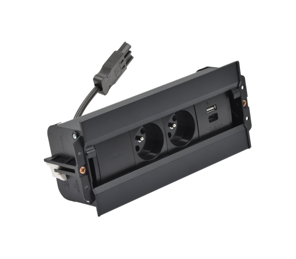 Mediaport Spinner: 2x250V typ E+ładowarka USB A-C, szybkozłącze w układzie Wieland, czarny Simon 48610E20B000000-44