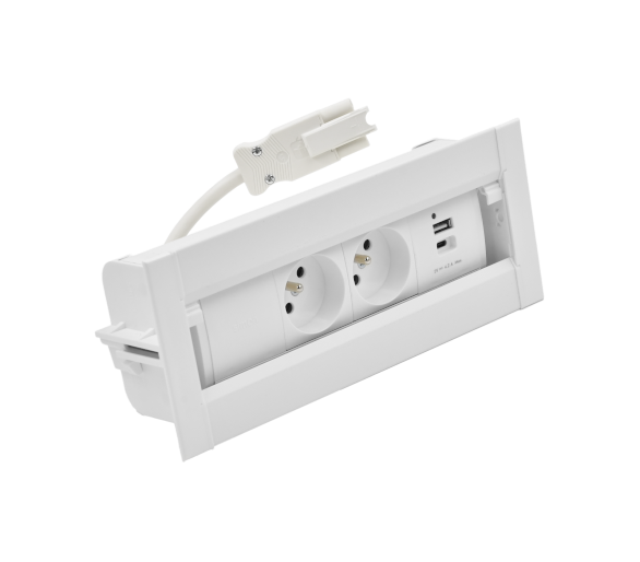 Mediaport Spinner: 2x250V typ E+ładowarka USB A-C, łącz. Kabel, przewód 10 cm, biały Simon 48630E20B000000-33