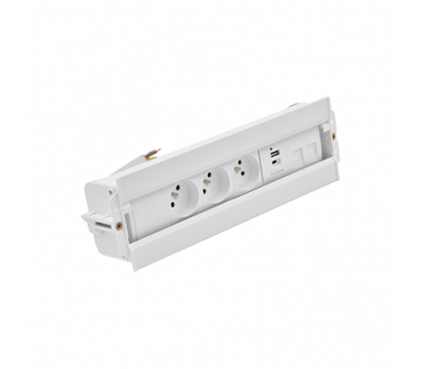 Mediaport Spinner: 3x250V typ E+ładow.USB A-C+ plakietka 2xRJ45, łącz. kabel z mocowaniem Keystone, przewód 10 cm, biały Simon 48630E30BK00000-33