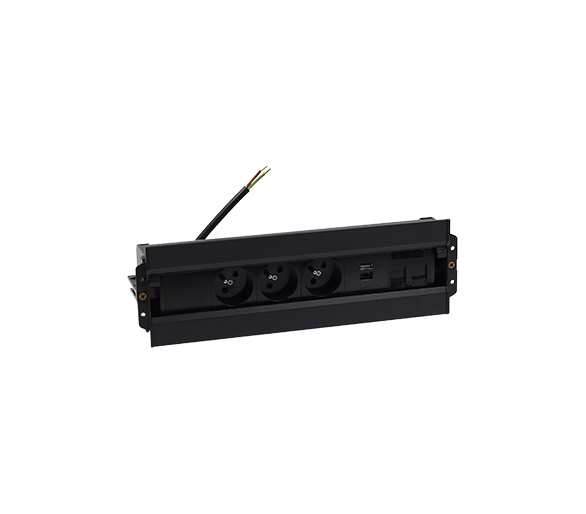 Mediaport Spinner: 3x250V typ E+ładow.USB A-C+ plakietka 2xRJ45, łącz. kabel z mocowaniem Keystone, przewód 10 cm, czarny Simon 48630E30BK00000-44