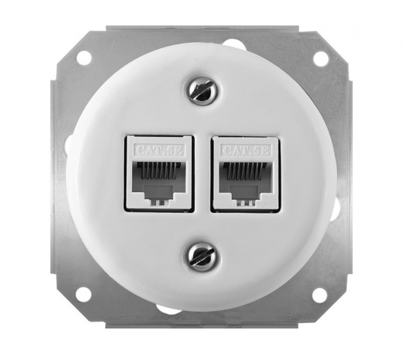 Gniazdo LAN 2xRJ45 kat.5e Retro ceramic bez ramki - białe