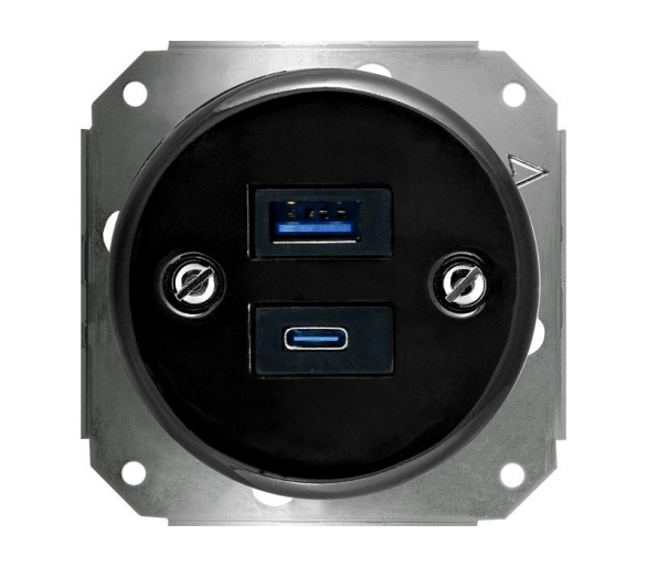 Gniazdo podwójne USB-A i USB-C 4A Retro ceramic bez ramki - czarne
