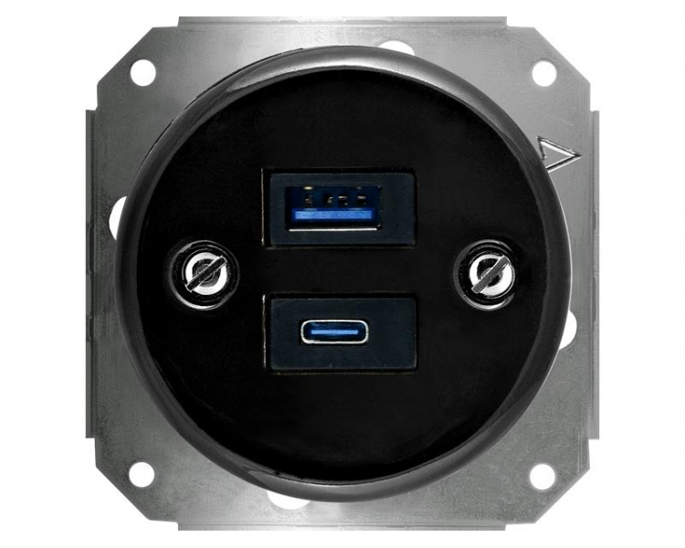 Gniazdo podwójne USB-A i USB-C 4A Retro ceramic bez ramki - czarne